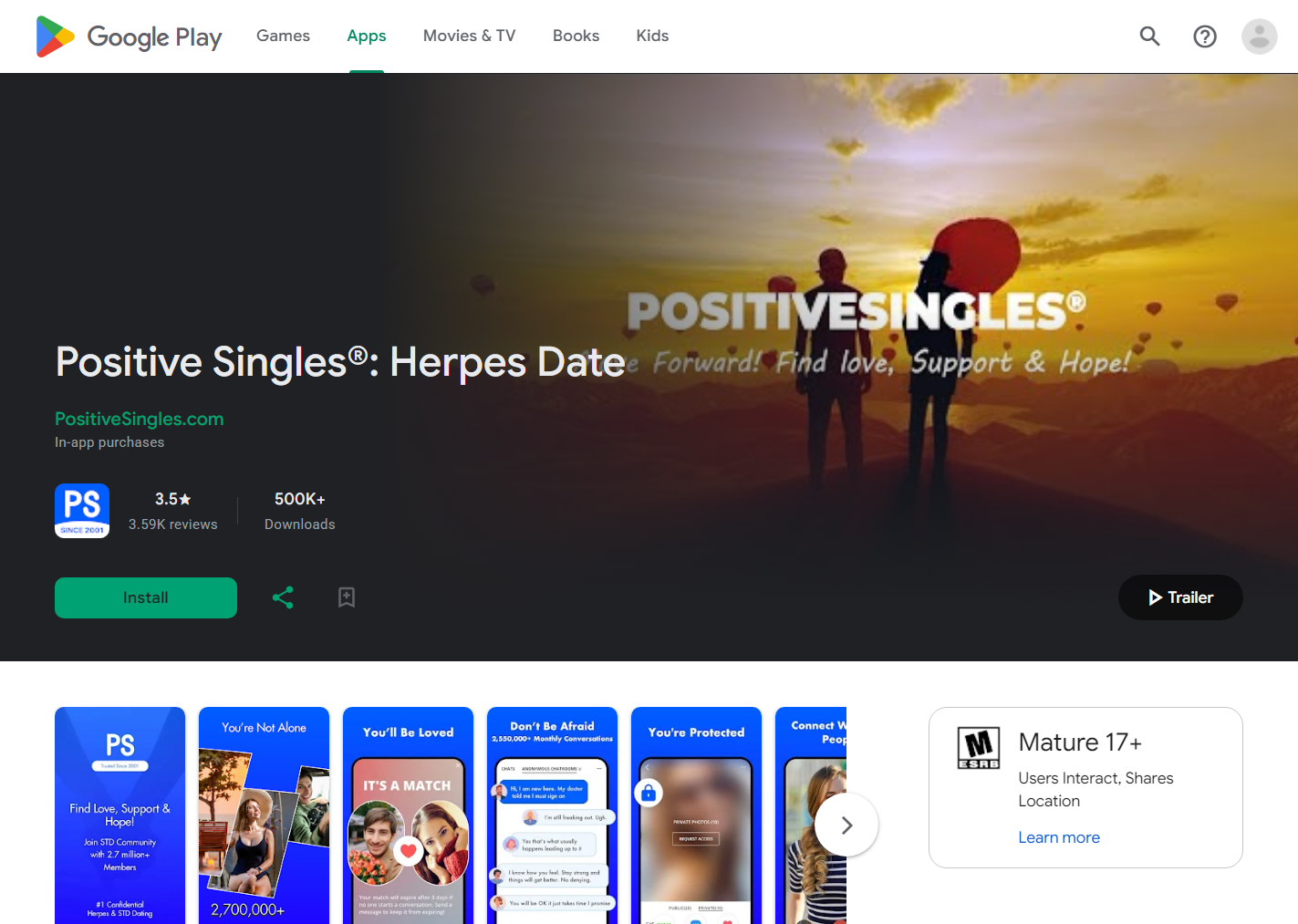 Google Play store listing for the positivesingles app showing publisher details and rating metrics