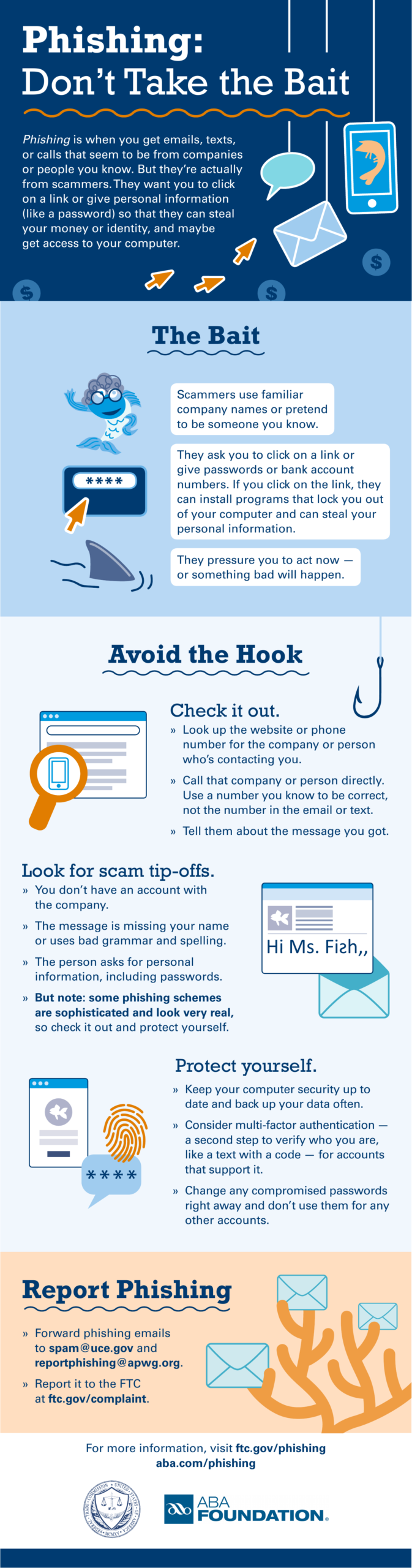 Federal Trade Commission guidance page illustrating phishing recognition and prevention steps.