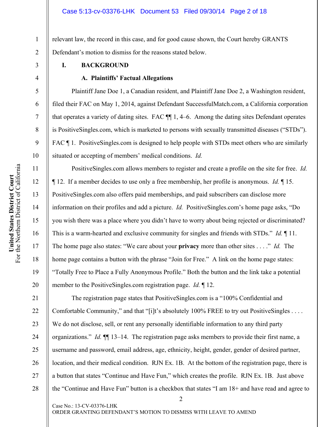 Excerpt from federal court document regarding historical litigation involving positivesingles com