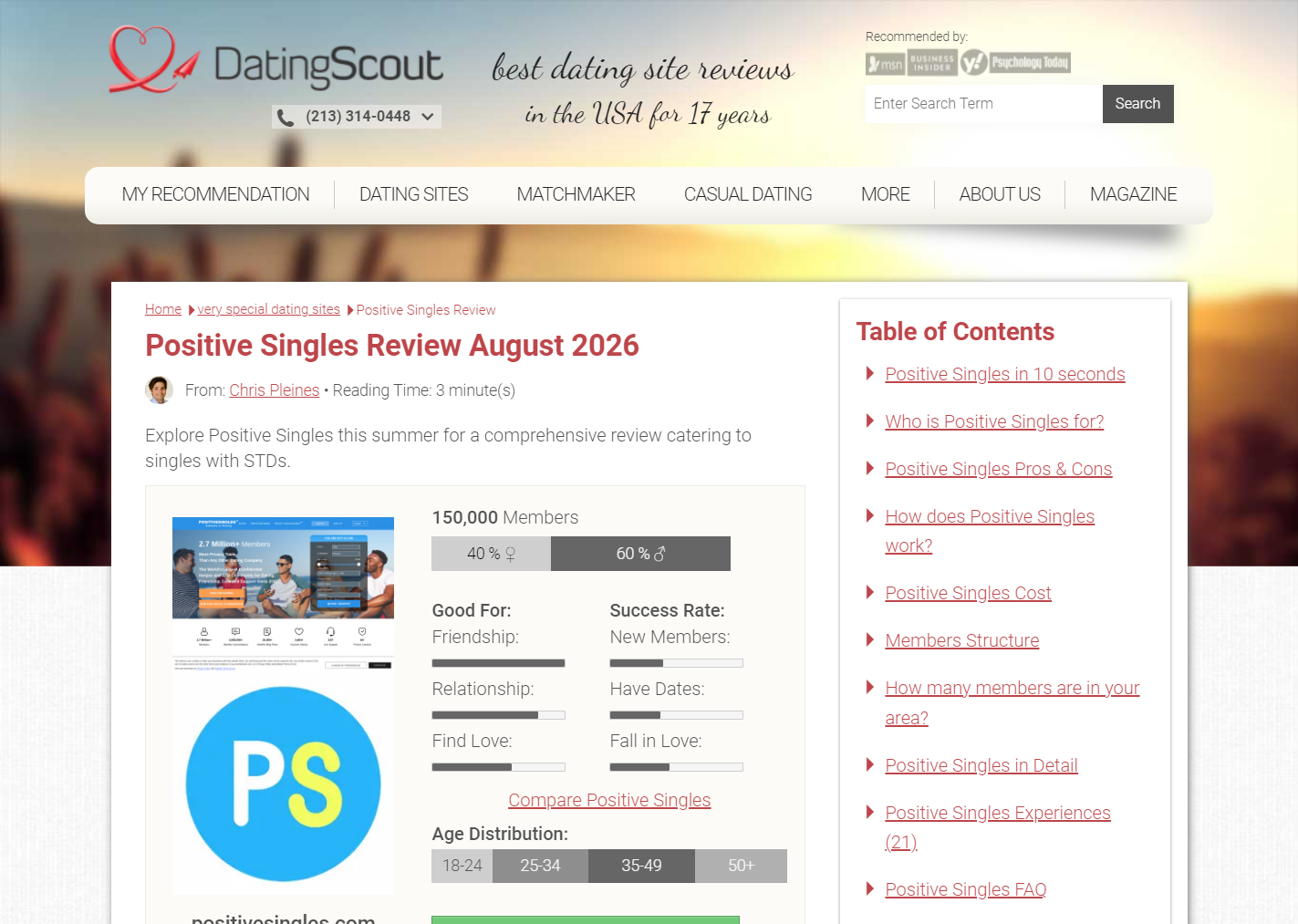 DatingScout review interface displaying expert rating criteria and positive singles review summary scores
