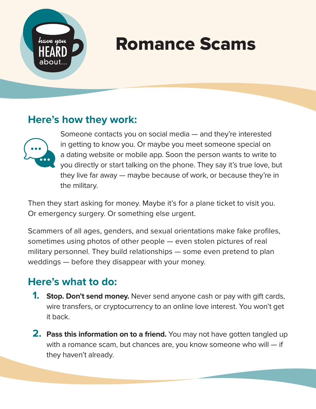 Screenshot of Federal Trade Commission guidance regarding romance scam warning signs and prevention strategies